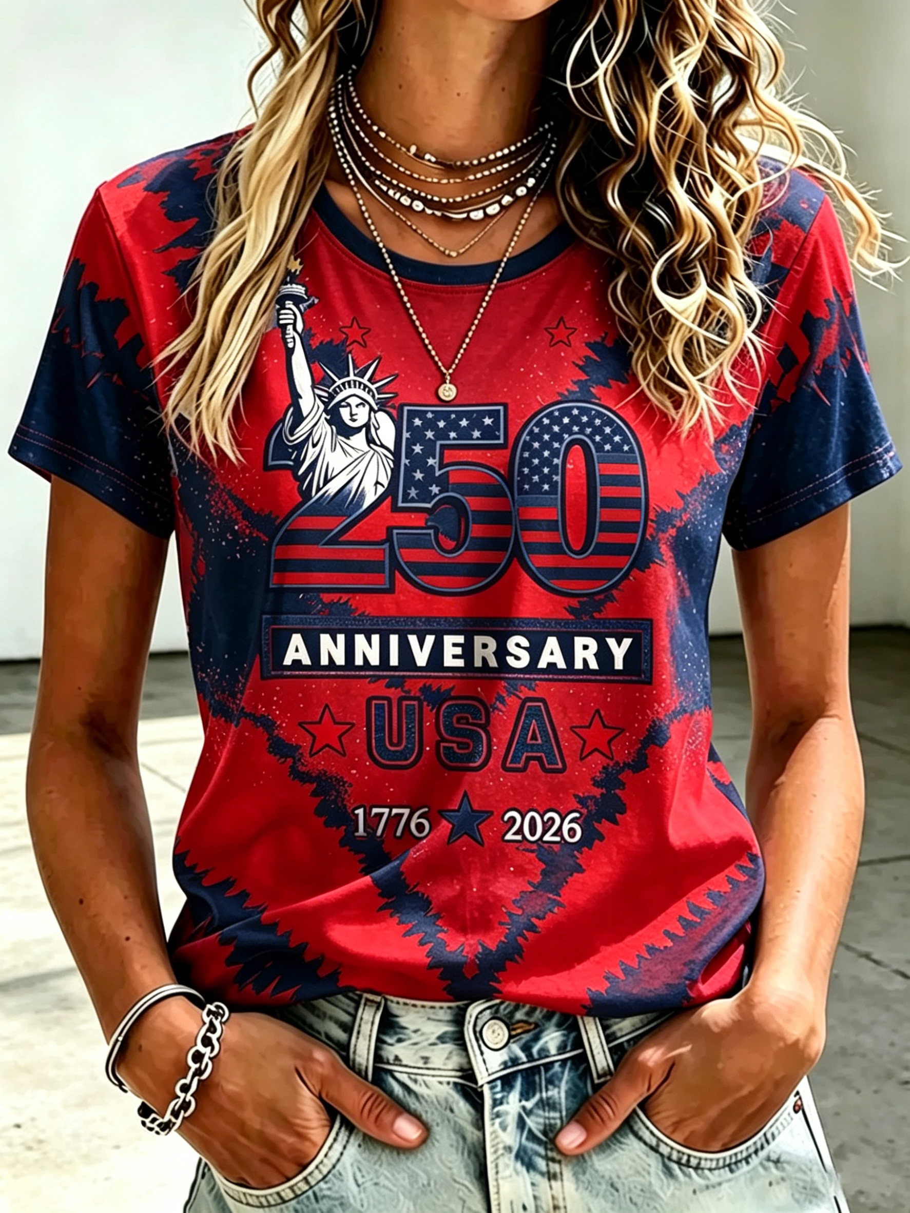 Liberty Statue USA Flag Print T-Shirt, Patriotic Tie-Dye Casual Short Sleeve Tee