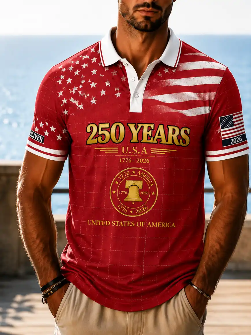 Men's Vintage Plaid USA Flag Liberty Bell 250 Years 1776-2026 Short Sleeve Polo Shirt