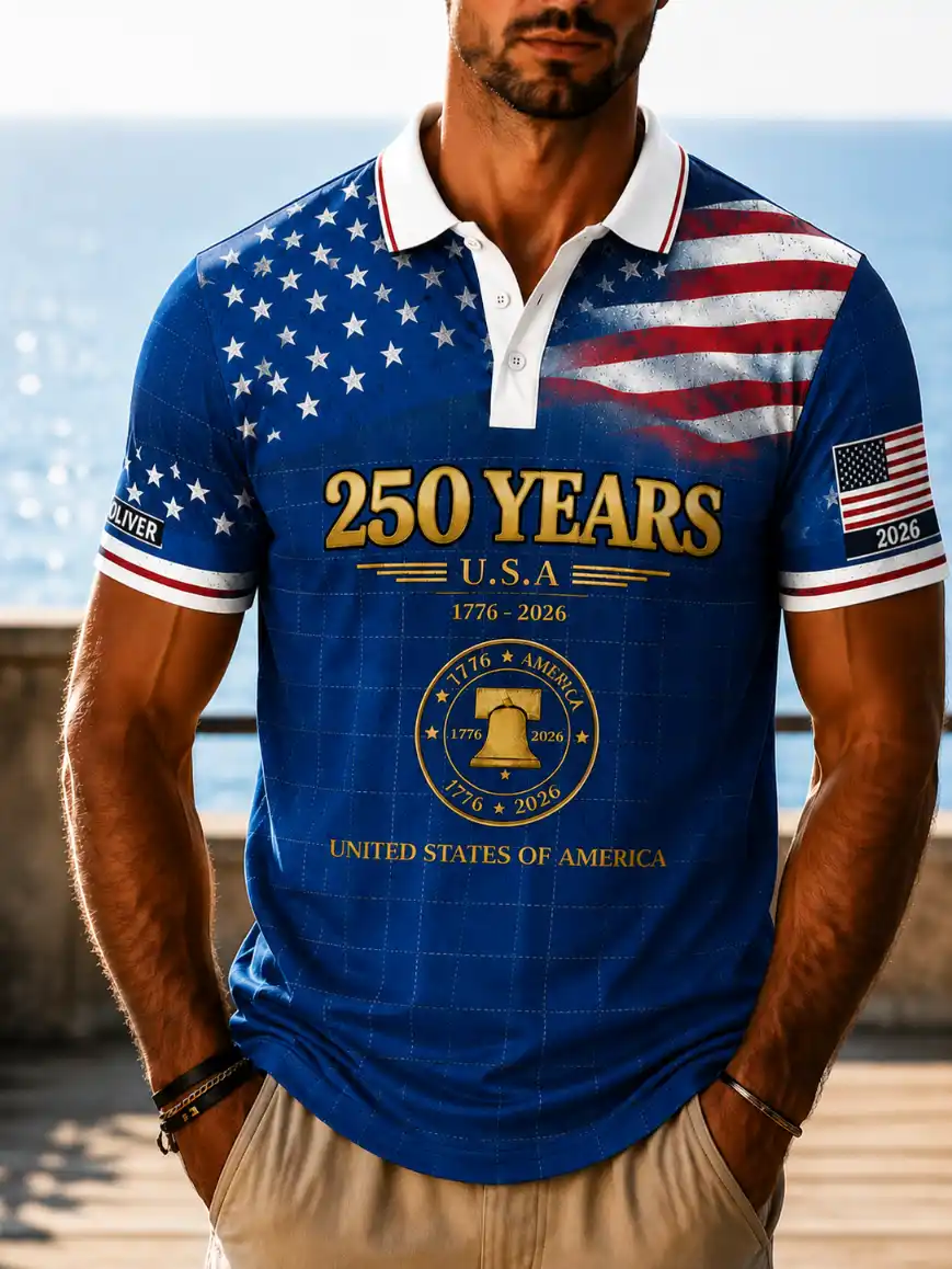 Men's Vintage Plaid USA Flag Liberty Bell 250 Years 1776-2026 Short Sleeve Polo Shirt