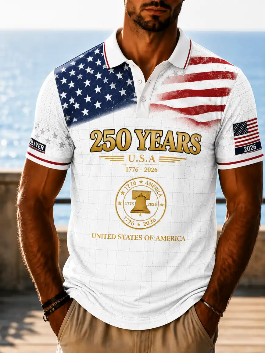 Men's Vintage Plaid USA Flag Liberty Bell 250 Years 1776-2026 Short Sleeve Polo Shirt