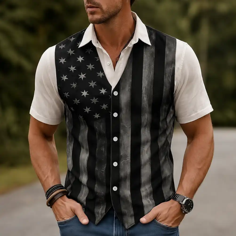 Men's Vintage Distressed USA Flag V-Neck Button Front Sleeveless Waistcoat Vest