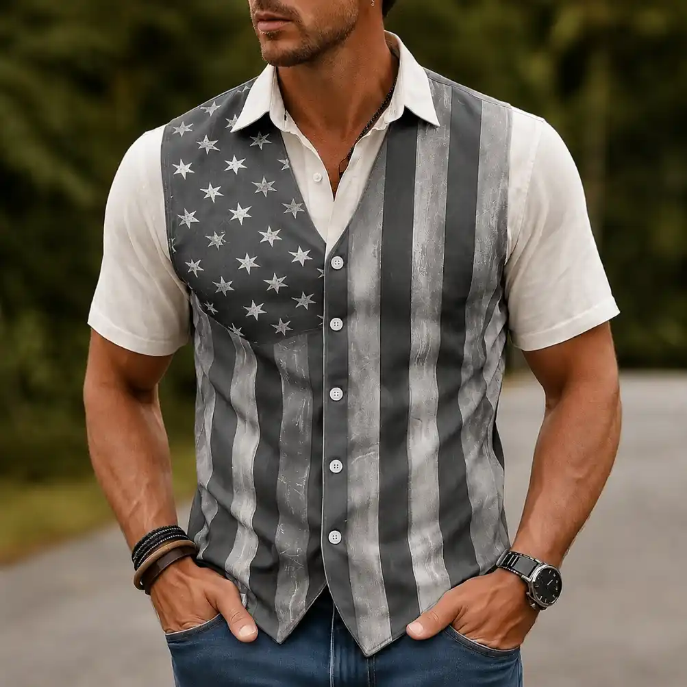 Men's Vintage Distressed USA Flag V-Neck Button Front Sleeveless Waistcoat Vest