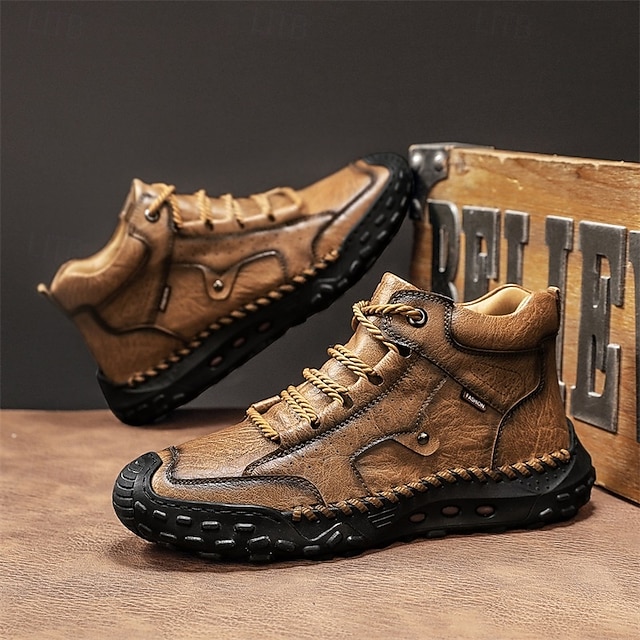 Men's Brown Faux Leather Outdoor Trail Boots with Durable Rubber Sole and Hand-Stitched Detailing, Comfortable Casual Work Boots for Hiking and Daily Wear