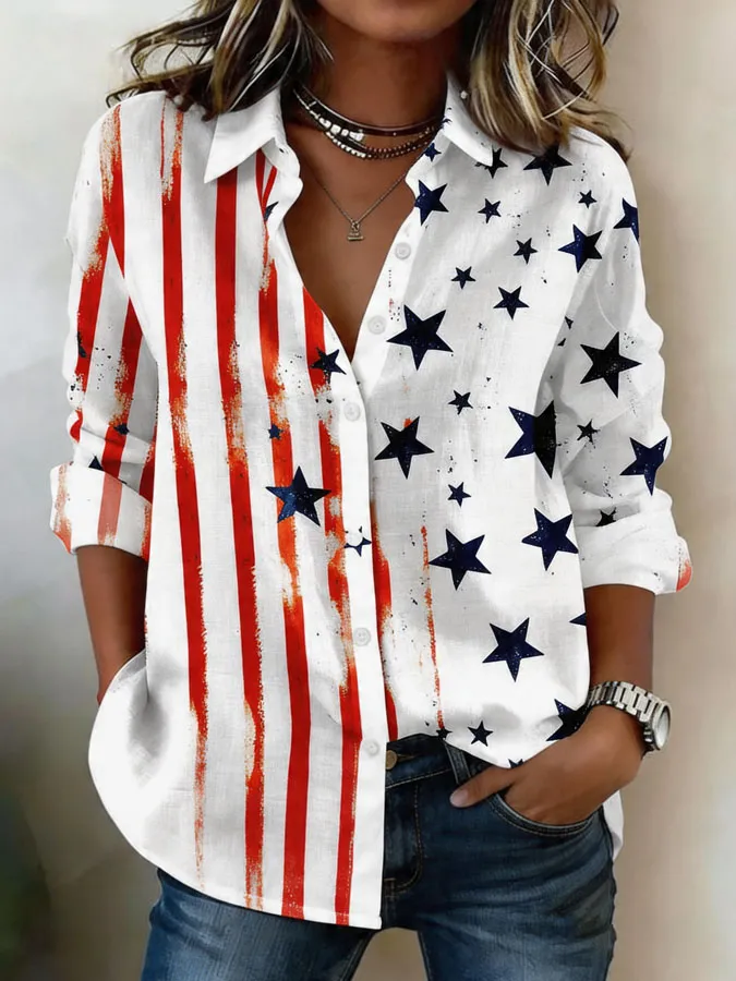 Patriotic Star & Stripe Print Casual Shirt, Vintage USA Flag Inspired Button-Up Top