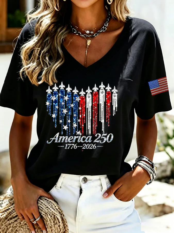 American Flag Jet Heart Graphic T-Shirt, Patriotic V-Neck Casual Short Sleeve Top