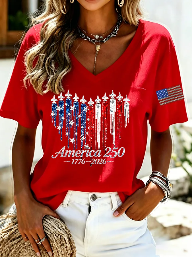 American Flag Jet Heart Graphic T-Shirt, Patriotic V-Neck Casual Short Sleeve Top
