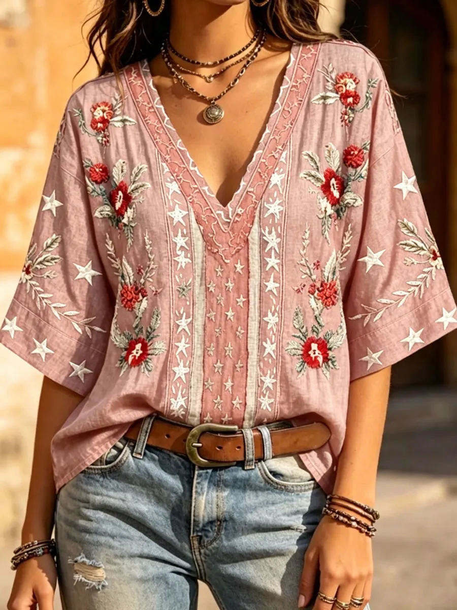 Floral & Star Embroidered V-Neck Blouse, Patriotic Inspired Denim-Look Casual Top