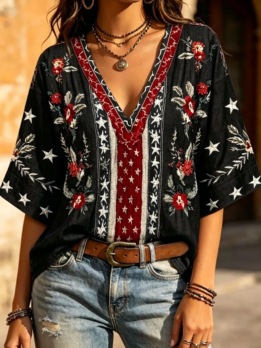 Floral & Star Embroidered V-Neck Blouse, Patriotic Inspired Denim-Look Casual Top
