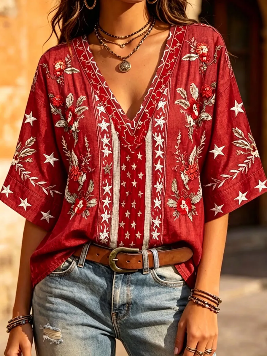 Floral & Star Embroidered V-Neck Blouse, Patriotic Inspired Denim-Look Casual Top
