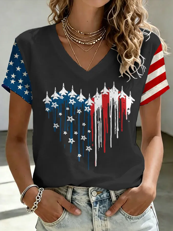 Patriotic USA Jet Flag T-Shirt, Star & Stripe Sleeve V-Neck Casual Top