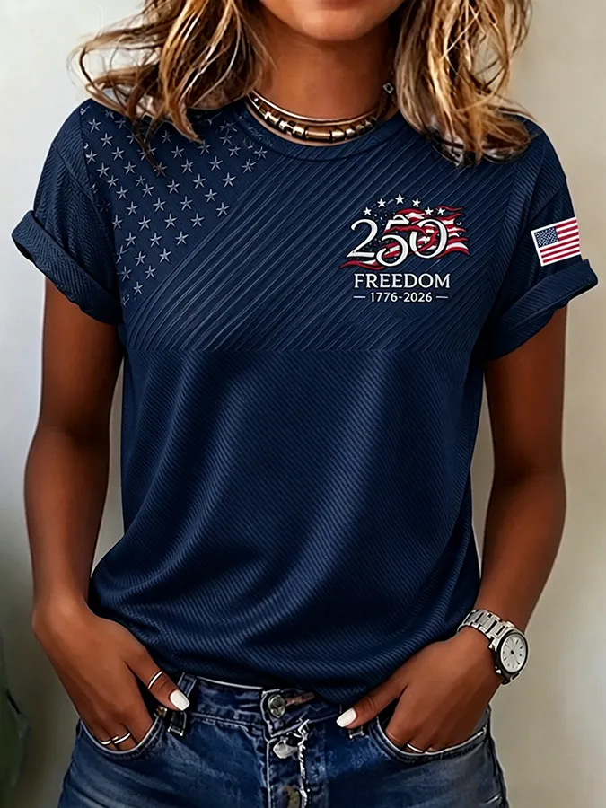 Patriotic Freedom USA Flag Print T-Shirt, Ribbed Star Pattern Casual Short Sleeve Top