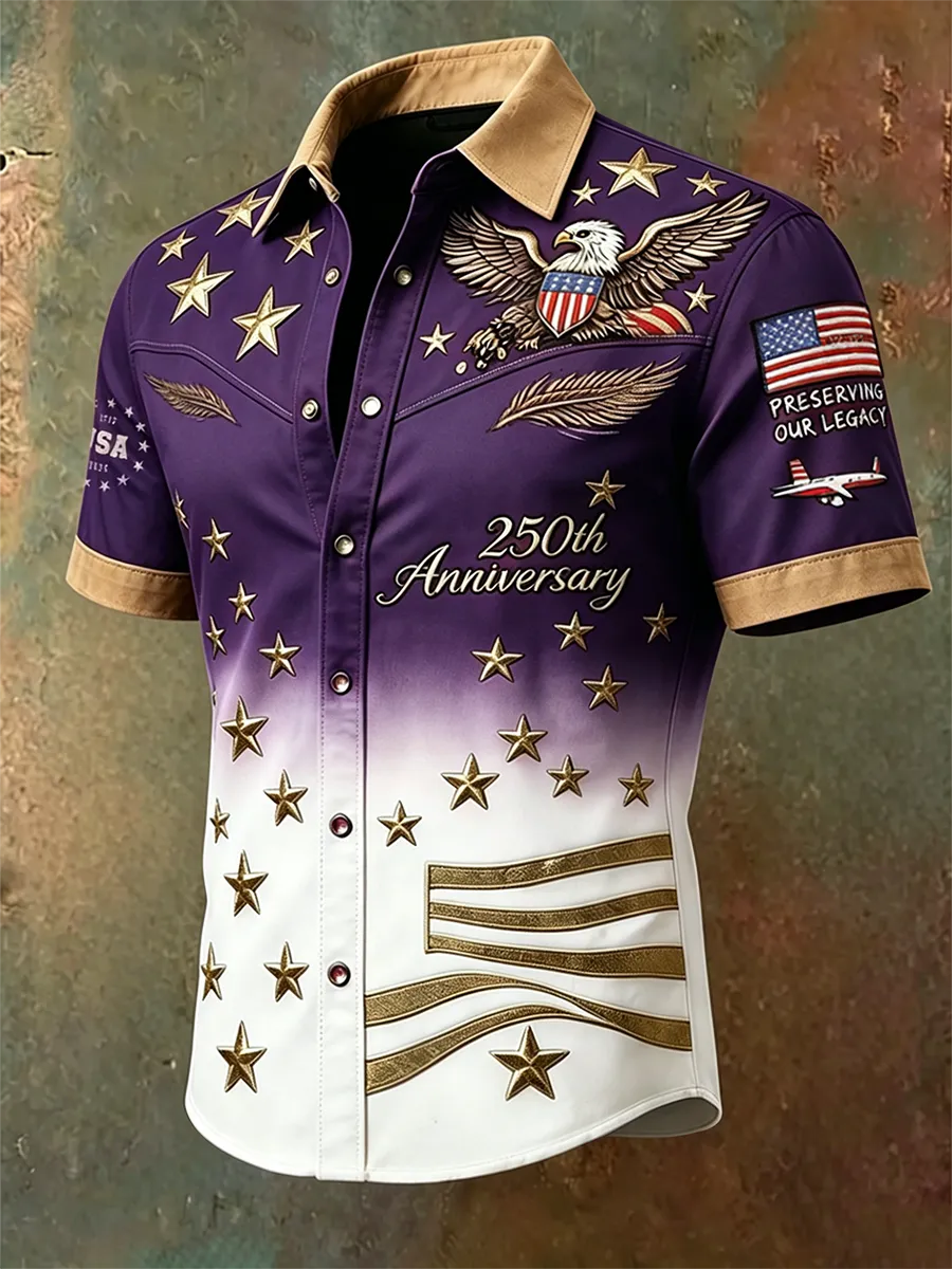 Vintage Western Style Patriotic Shirt, Eagle & Flag Embroidered Purple-to-White Gradient Top