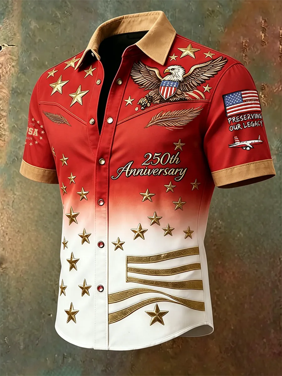 Vintage Western Style Patriotic Shirt, Eagle & Flag Embroidered Purple-to-White Gradient Top