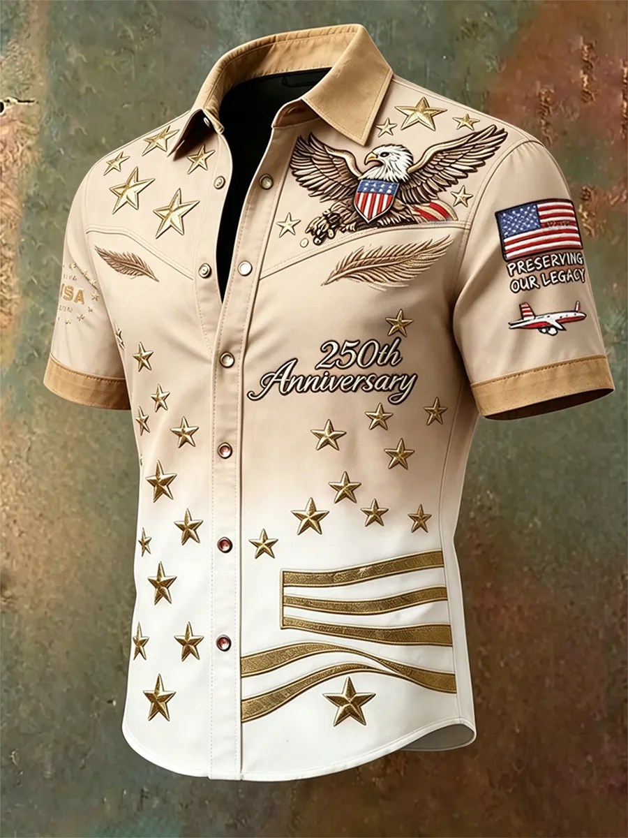 Vintage Western Style Patriotic Shirt, Eagle & Flag Embroidered Purple-to-White Gradient Top