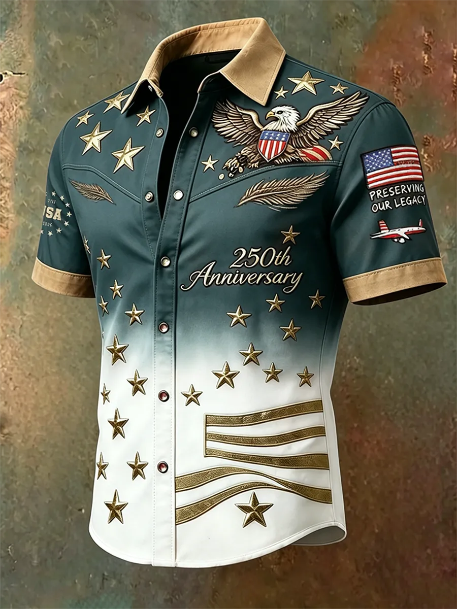 Vintage Western Style Patriotic Shirt, Eagle & Flag Embroidered Purple-to-White Gradient Top