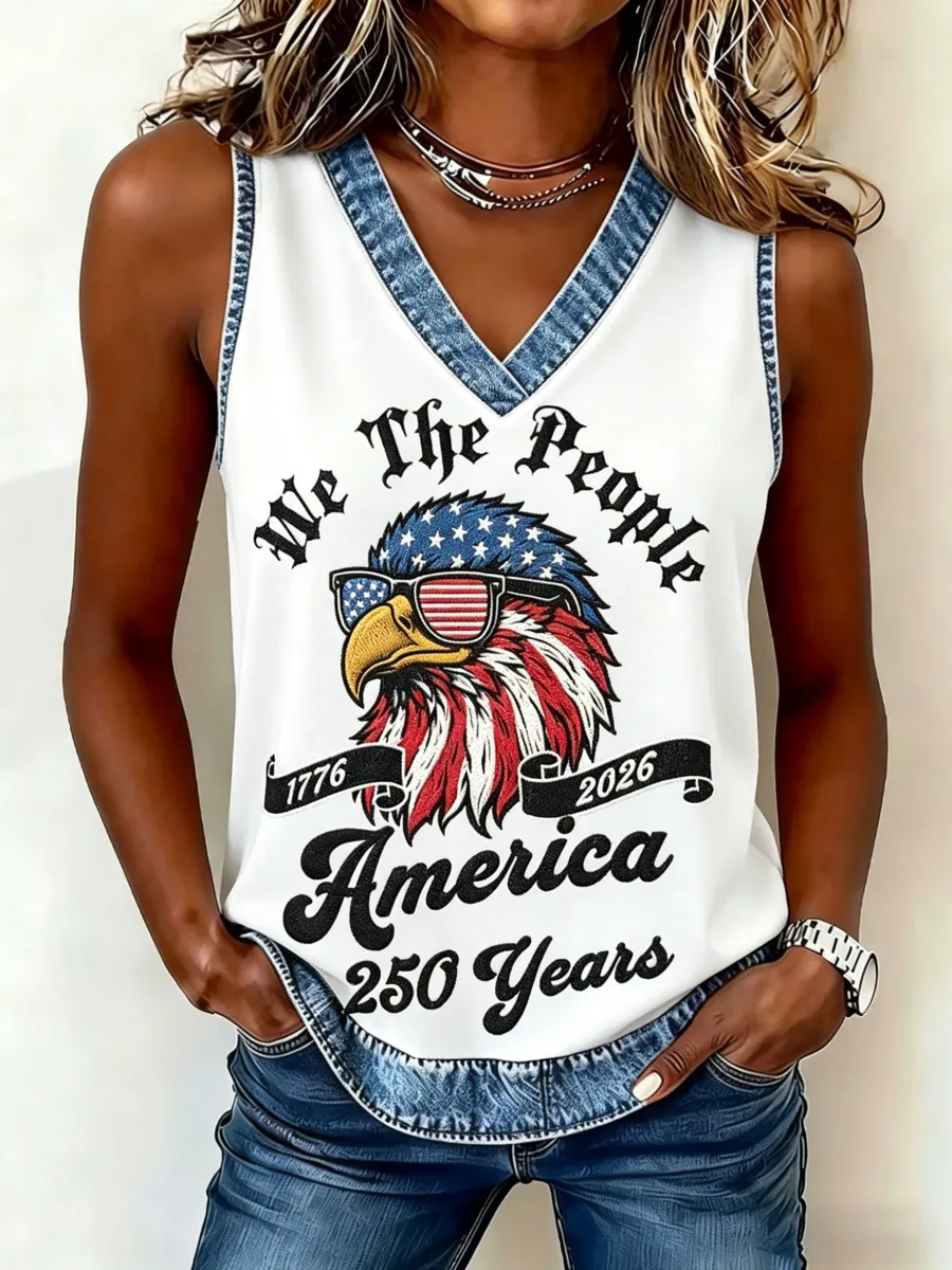 We The People Eagle Print V-Neck Tank Top, Patriotic Denim Trim Casual Sleeveless Top