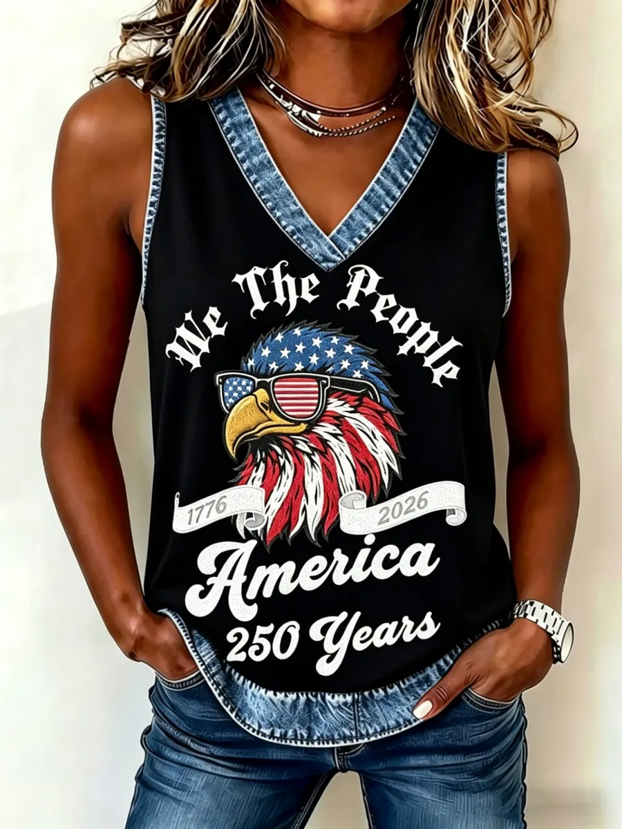 We The People Eagle Print V-Neck Tank Top, Patriotic Denim Trim Casual Sleeveless Top
