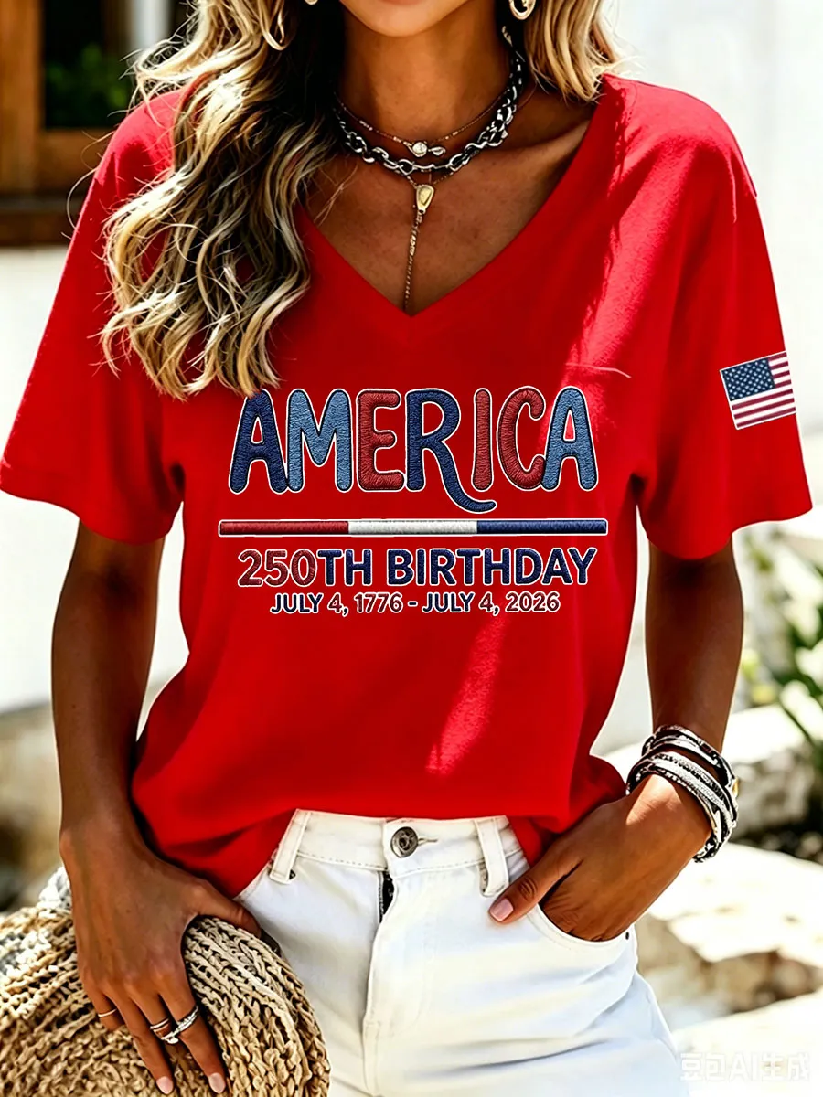 America 250th Birthday Print V-Neck T-Shirt, Patriotic Casual Short Sleeve Tee with Flag Detail