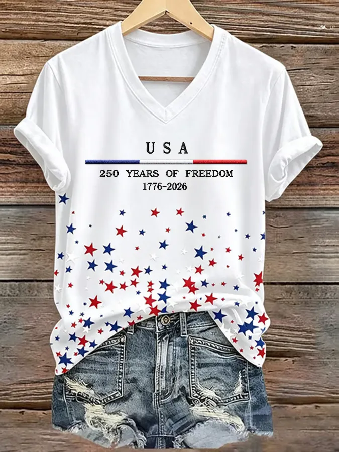 USA 250 Years of Freedom Star Print V-Neck Casual T-Shirt