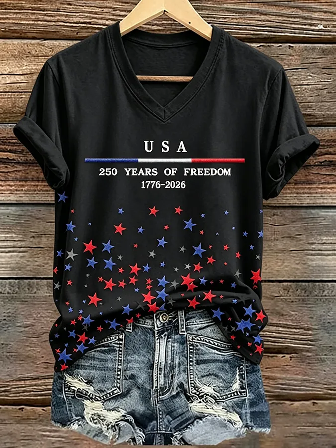 USA 250 Years of Freedom Star Print V-Neck Casual T-Shirt