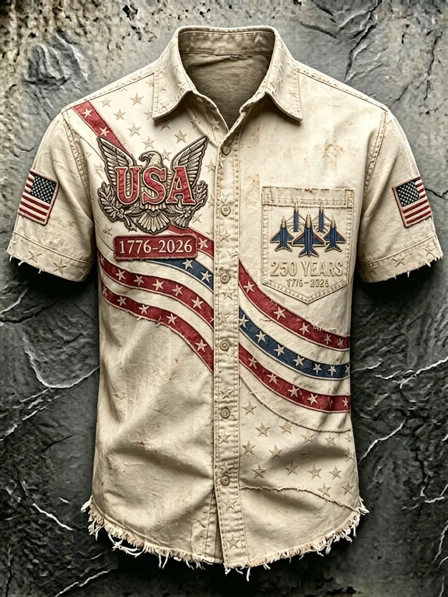Vintage USA Eagle & Jet Print Short Sleeve Patriotic Button-Down Shirt