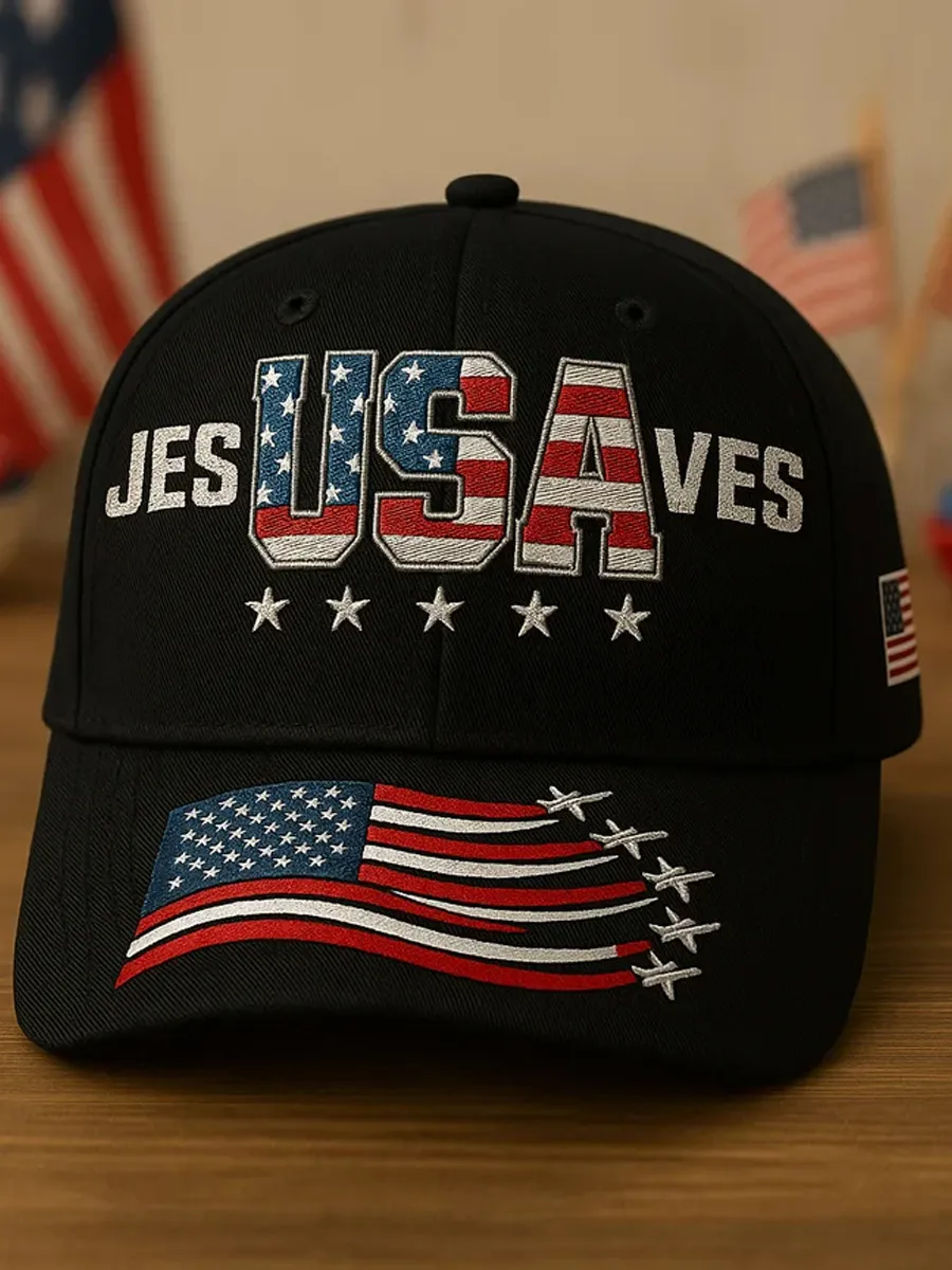 Patriotic USA Flag Jet Design "Jesus Saves" Baseball Hat