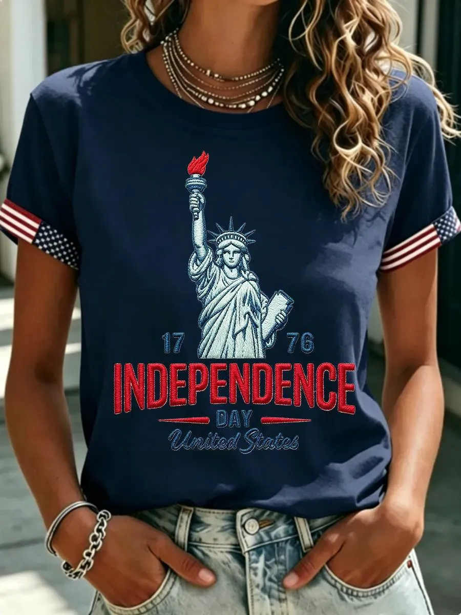 Statue of Liberty Independence Day Print T-Shirt, USA Flag Cuff Casual Tee