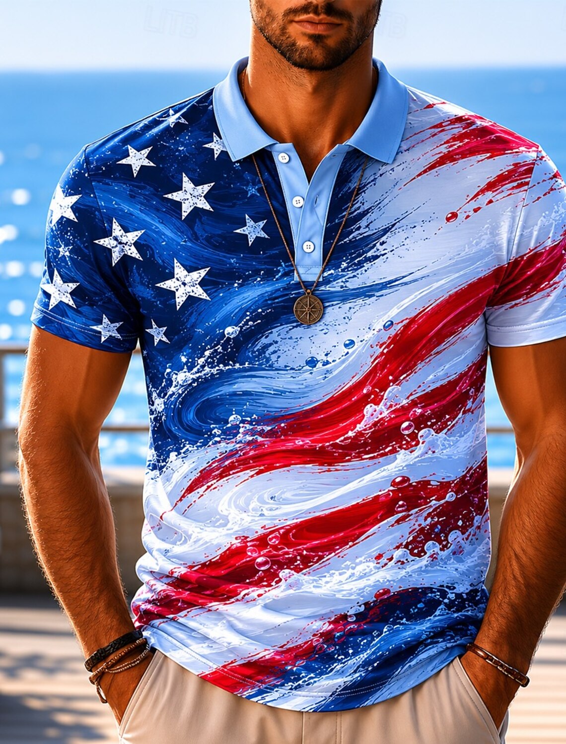 Men's Water Splash Wave USA Flag Star Print Short Sleeve Polo Shirt