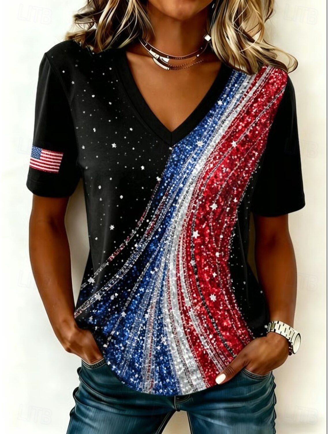 Women's Glitter USA Flag Stripe Star V-Neck Short Sleeve Patriotic Tee