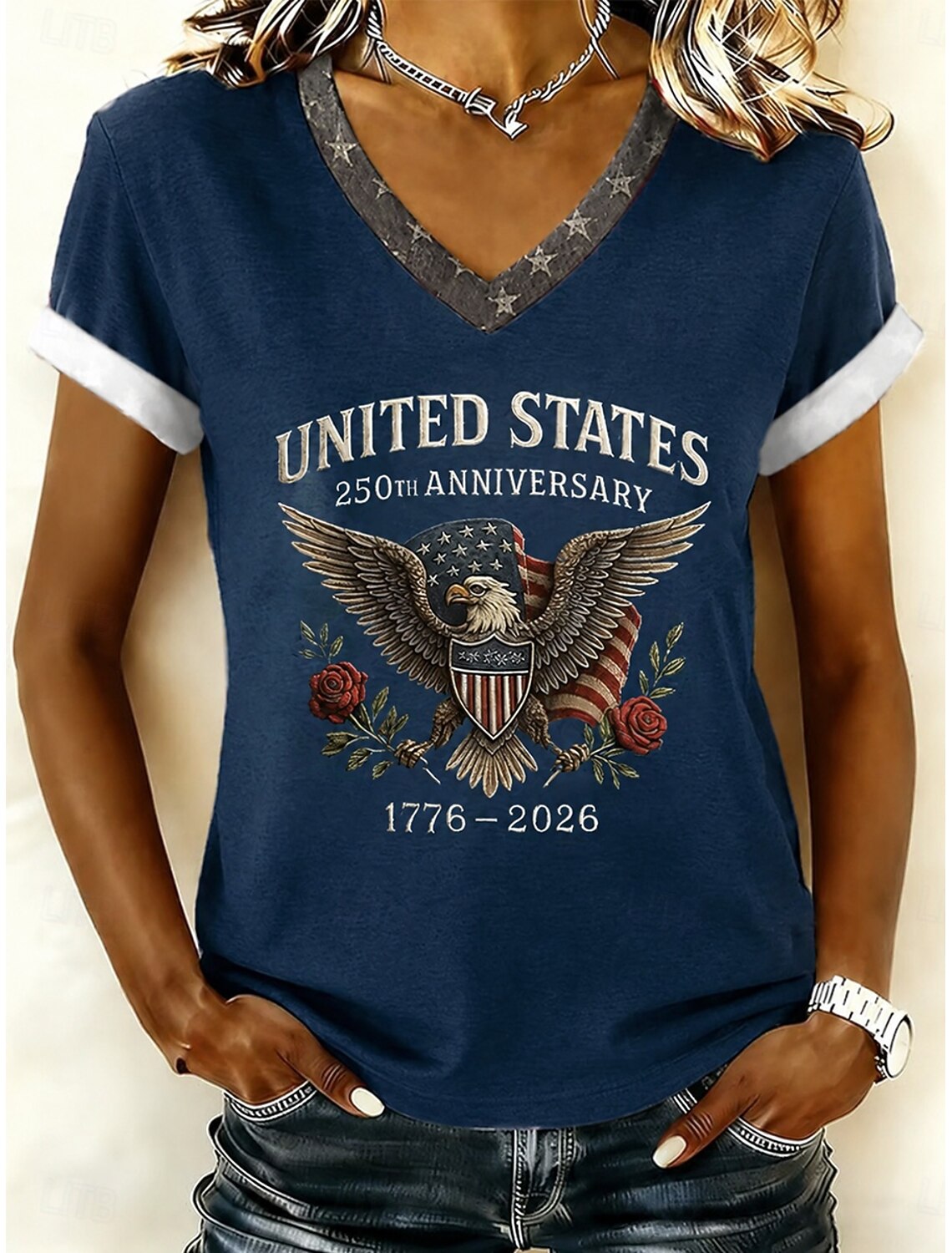 Women's United States 250th Anniversary Eagle Rose USA Shield Flag V-Neck Rolled Cuff Short Sleeve Tee
