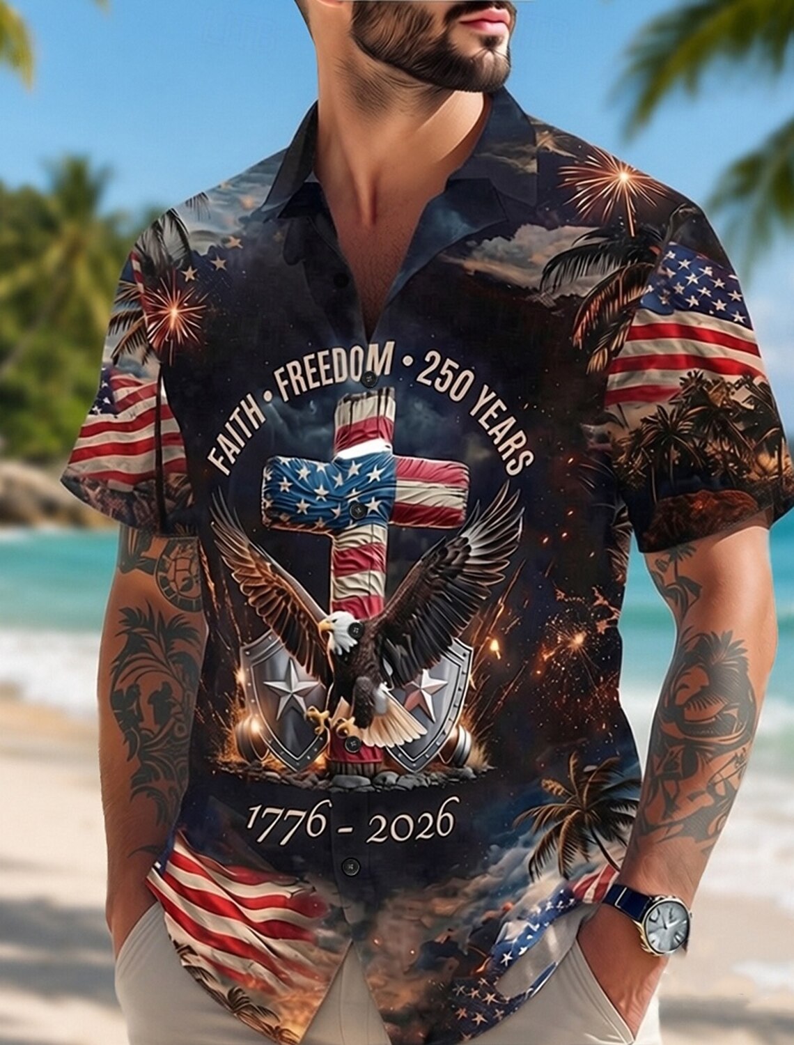 Men's Faith Freedom 250 Years Eagle Cross USA Flag Palm Tree Night Fireworks Short Sleeve Button Down Shirt