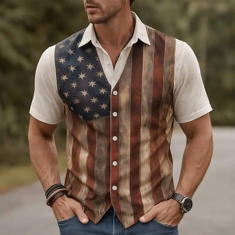 Men's Vintage Distressed USA Flag V-Neck Button Front Sleeveless Waistcoat Vest
