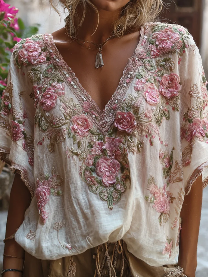 Women's Boho 3D Floral Embroidery V-Neck Batwing Blouse
