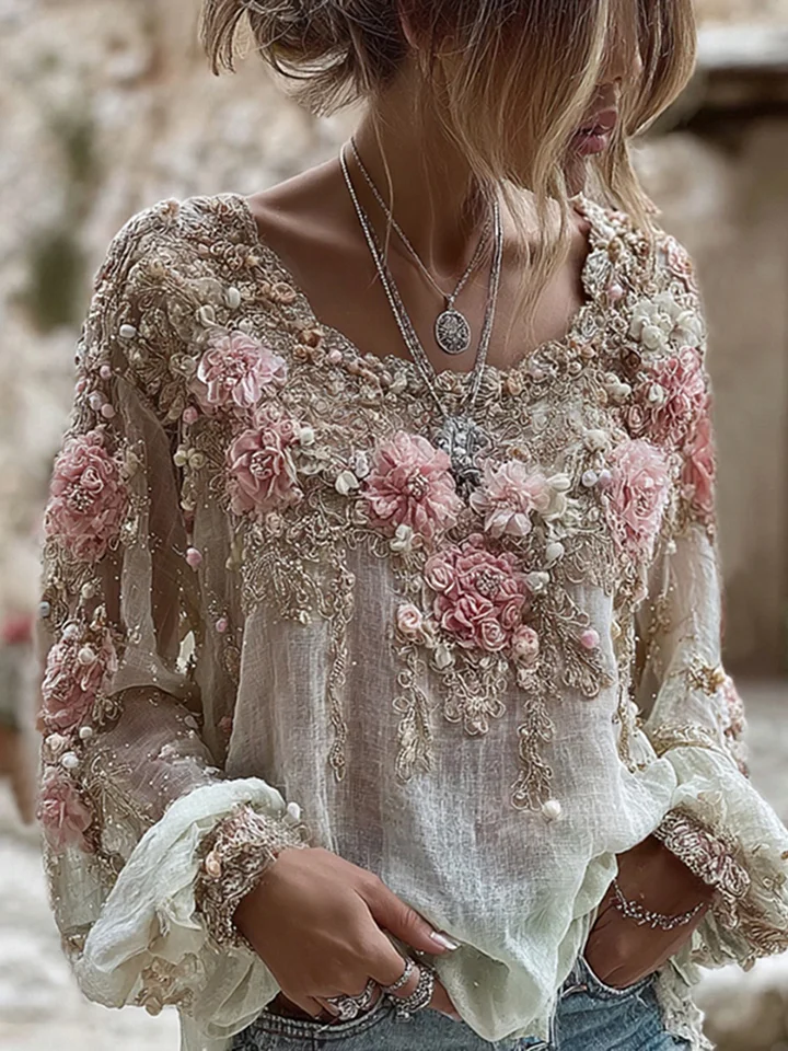 Women's Vintage Boho 3D Floral Beaded Long Sleeve Blouse