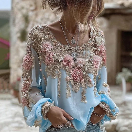 Women's Vintage Boho 3D Floral Beaded Long Sleeve Blouse