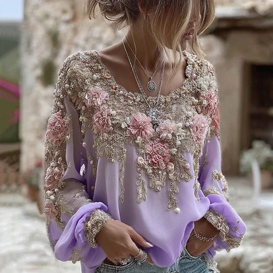 Women's Vintage Boho 3D Floral Beaded Long Sleeve Blouse