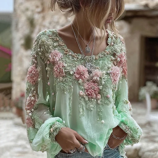 Women's Vintage Boho 3D Floral Beaded Long Sleeve Blouse