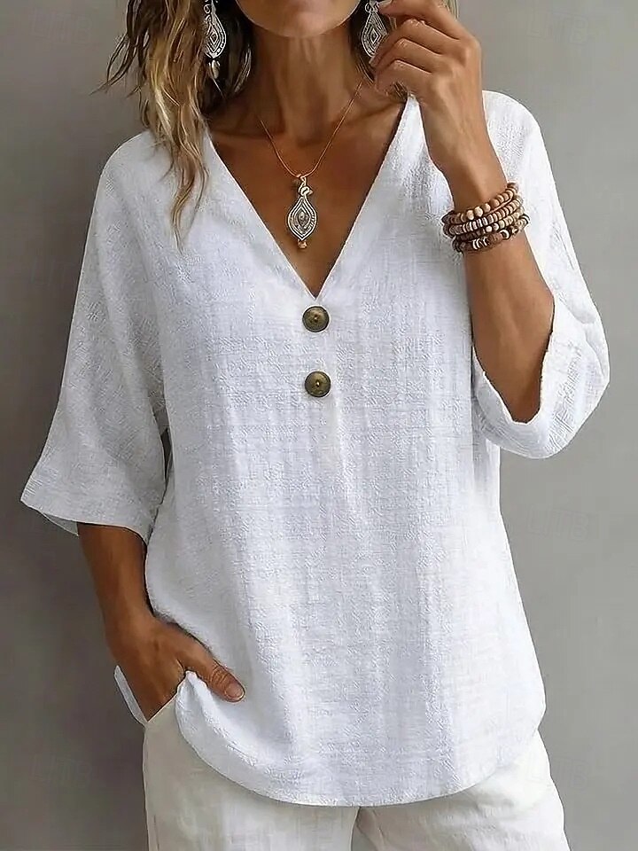 Women's V-Neck Button Half Sleeve Linen Blend Blouse With Pockets