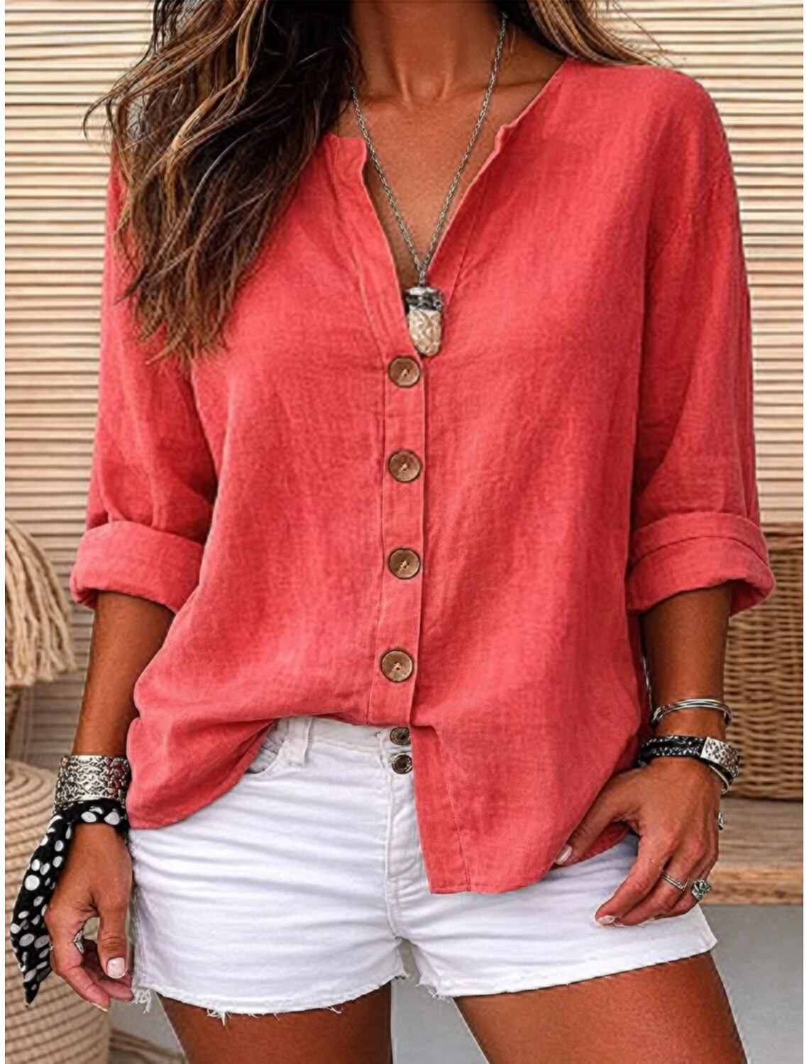 Women's V-Neck Button Half Sleeve Linen Blend Blouse With Pockets