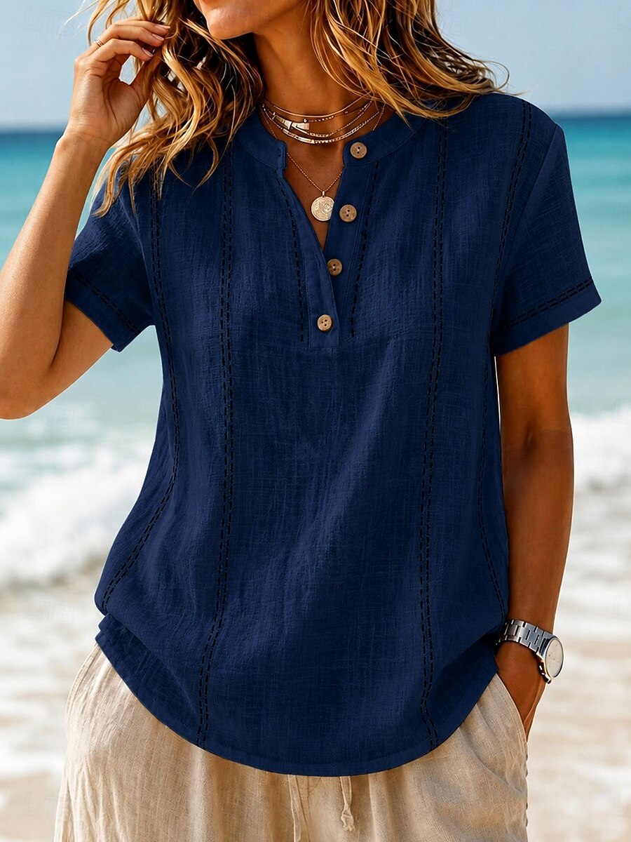 Women's Stand Collar Half Button Stitched Short Sleeve Linen Blouse