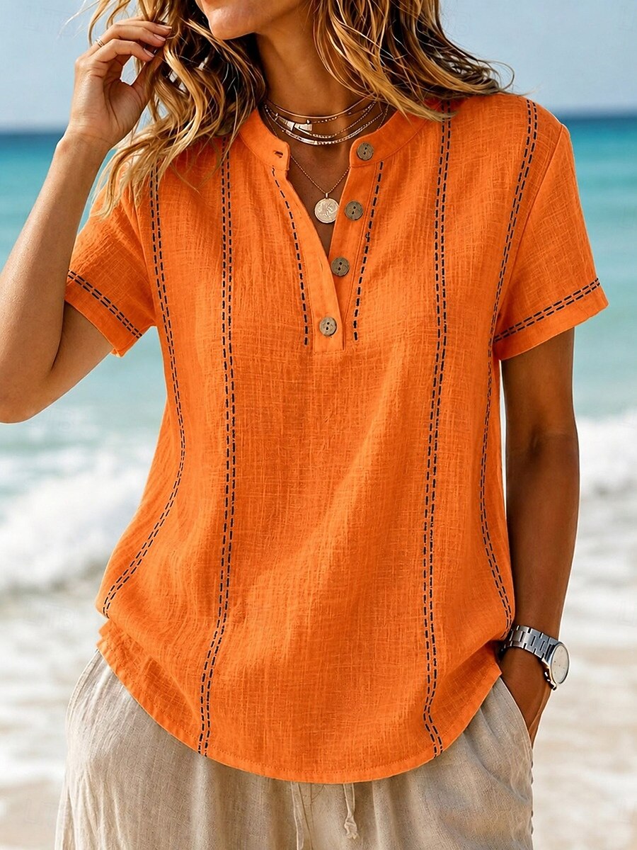 Women's Stand Collar Half Button Stitched Short Sleeve Linen Blouse