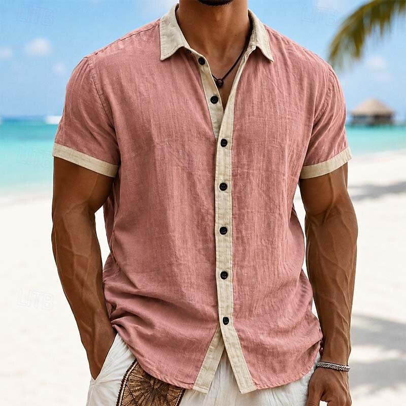 Men's Contrast Trim Linen Blend Short Sleeve Button Down Shirt