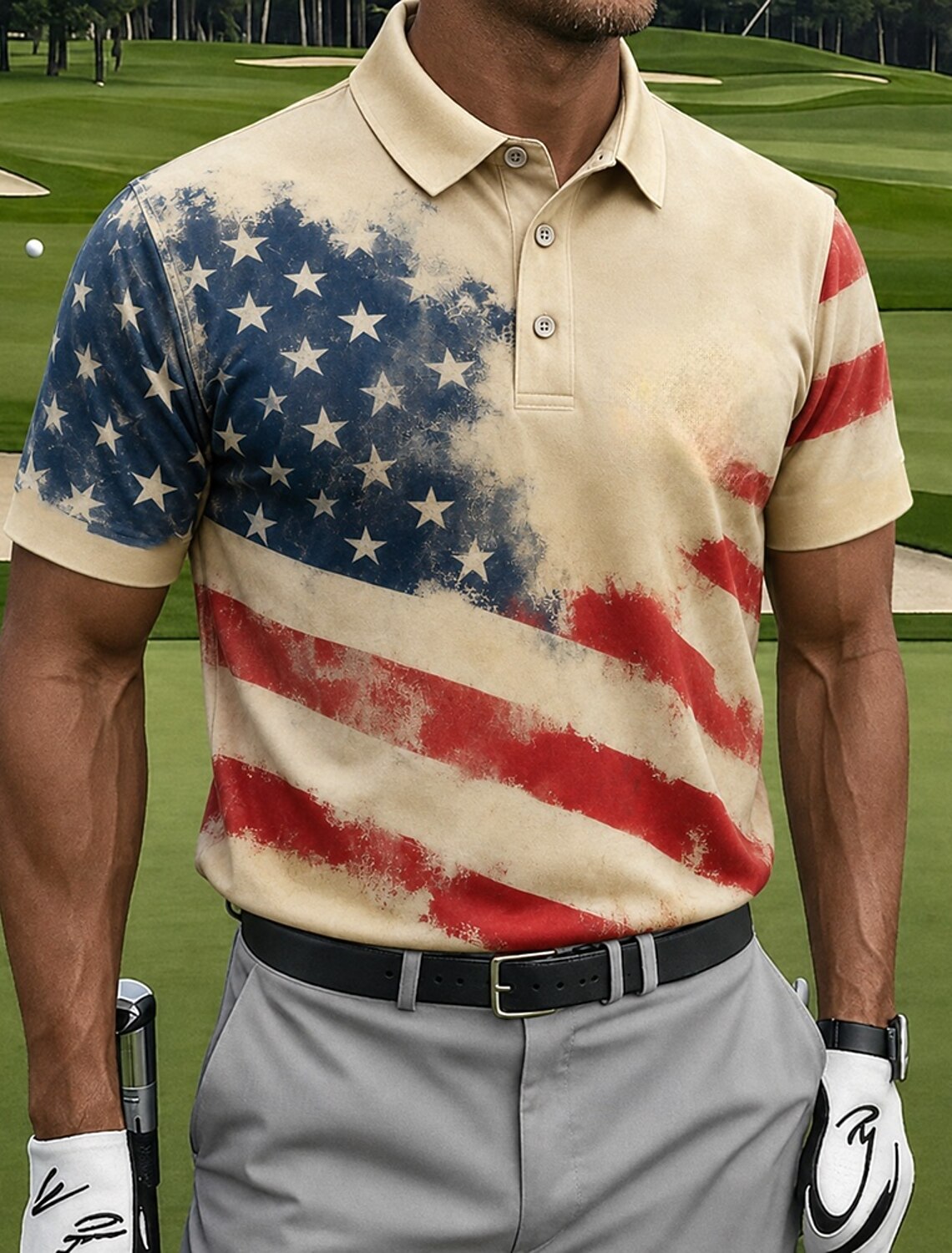 Men's Vintage Washed Distressed Full Flag Print Golf Polo Shirt