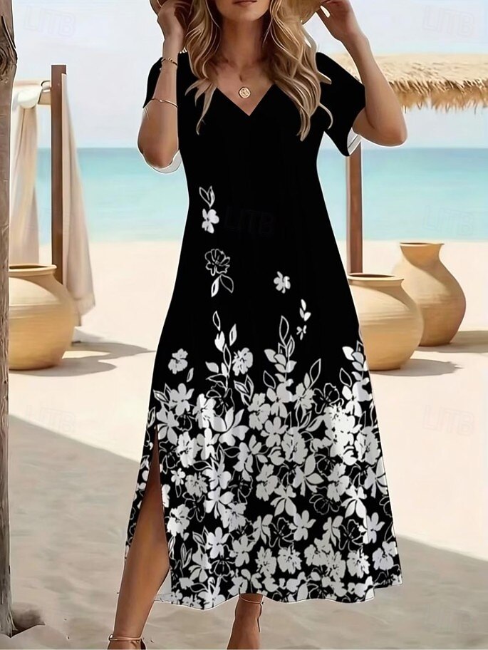 Women's Gradient Floral Print V-Neck Split Resort Midi Dress