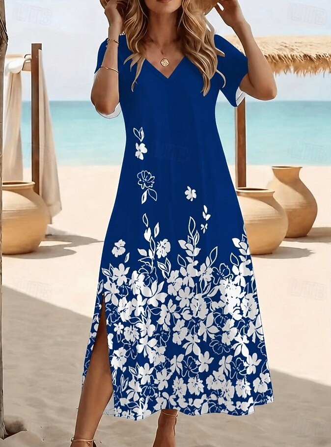 Women's Gradient Floral Print V-Neck Split Resort Midi Dress