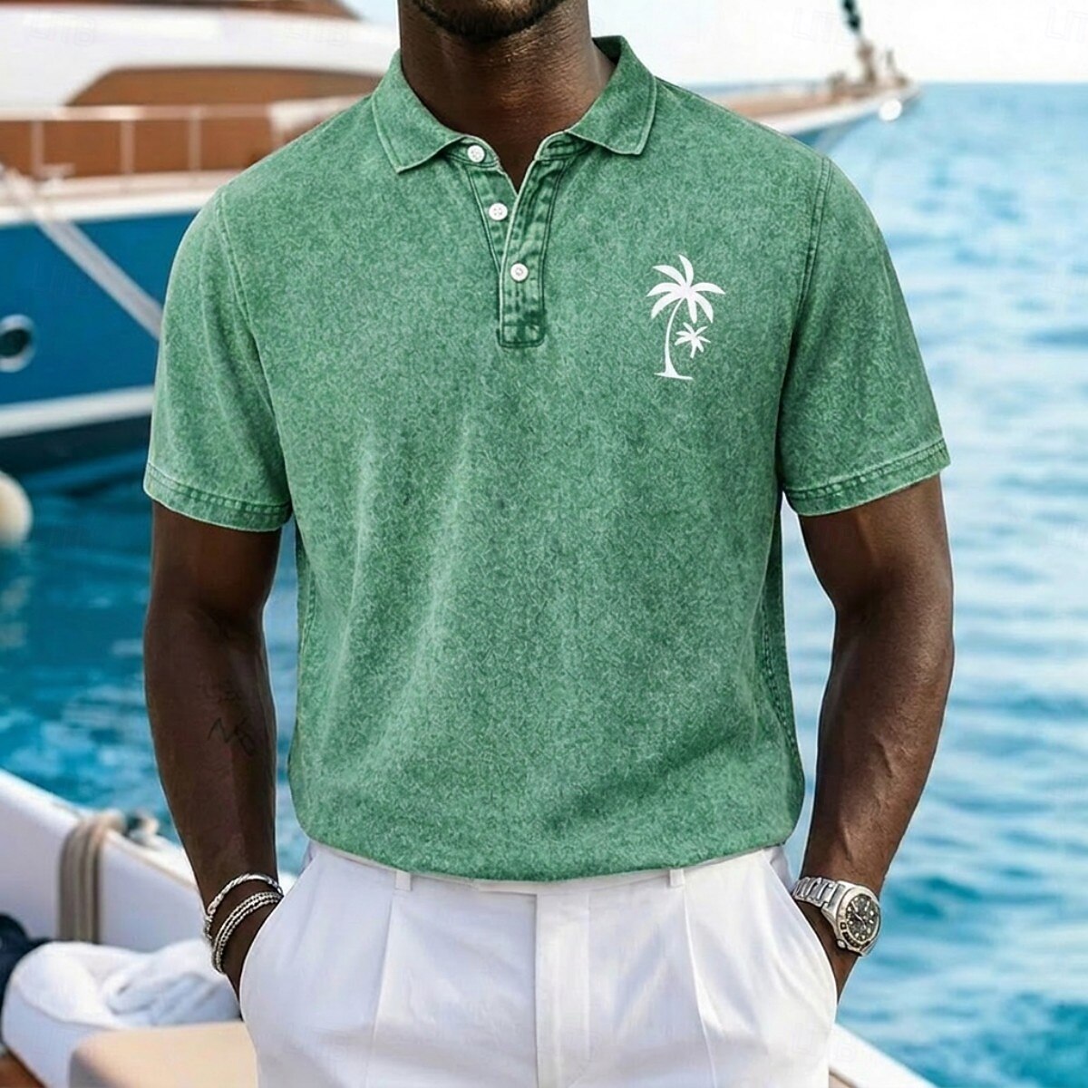 Men's Palm Tree Chest Print Washed Short Sleeve Resort Polo Shirt