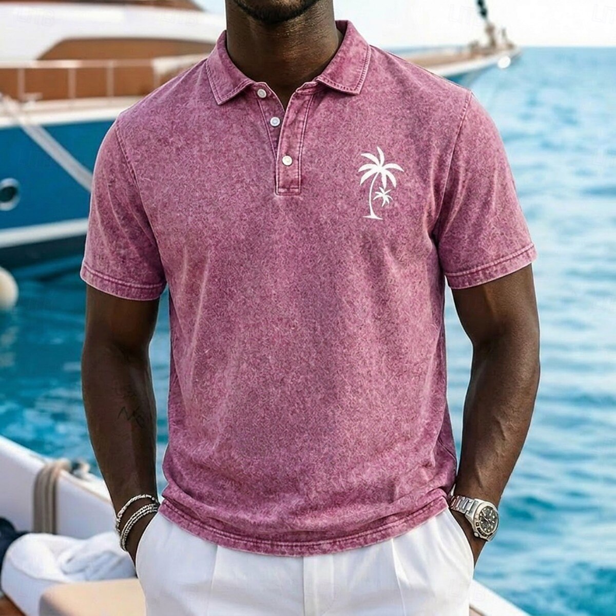 Men's Palm Tree Chest Print Washed Short Sleeve Resort Polo Shirt