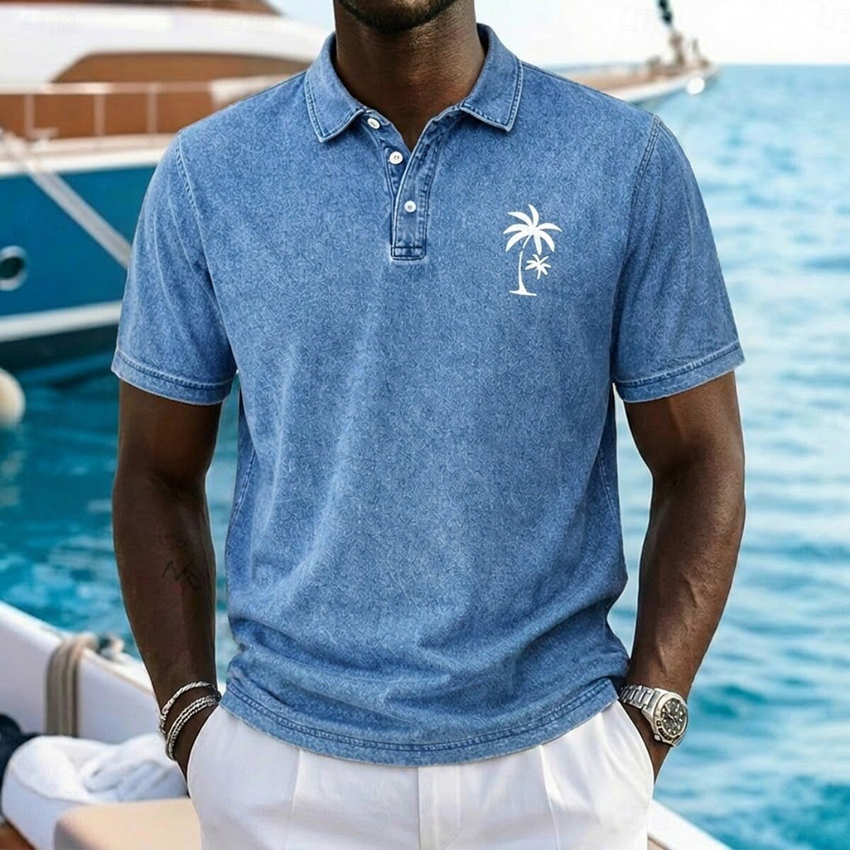 Men's Palm Tree Chest Print Washed Short Sleeve Resort Polo Shirt