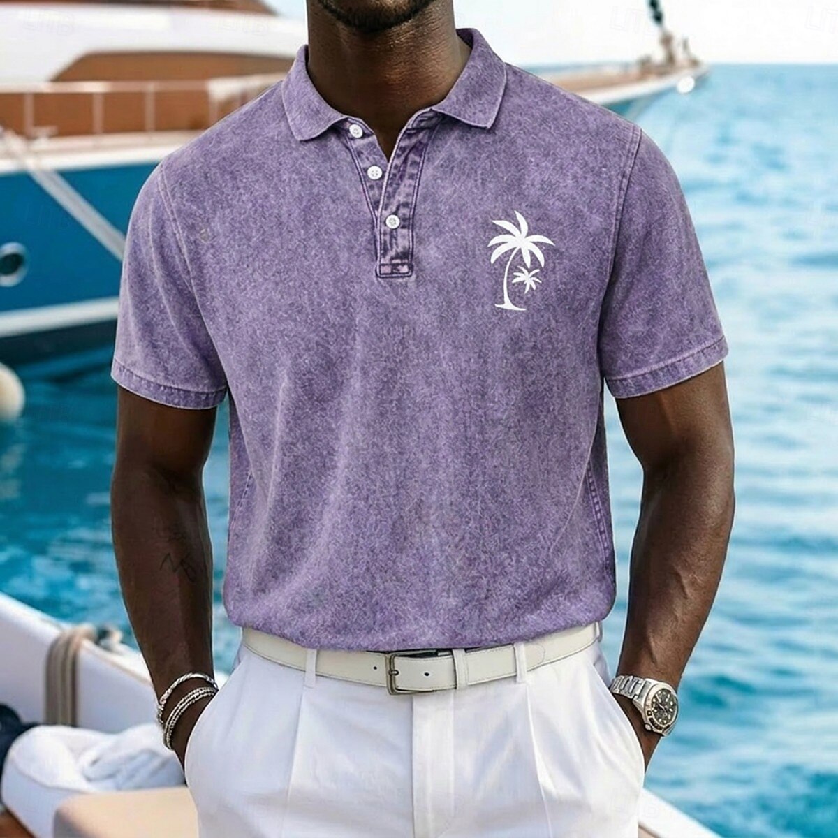 Men's Palm Tree Chest Print Washed Short Sleeve Resort Polo Shirt