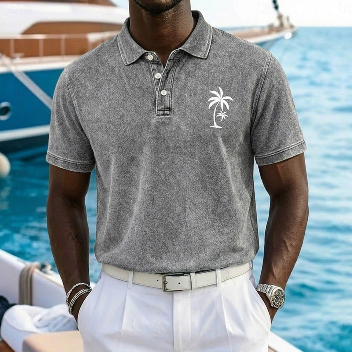 Men's Palm Tree Chest Print Washed Short Sleeve Resort Polo Shirt